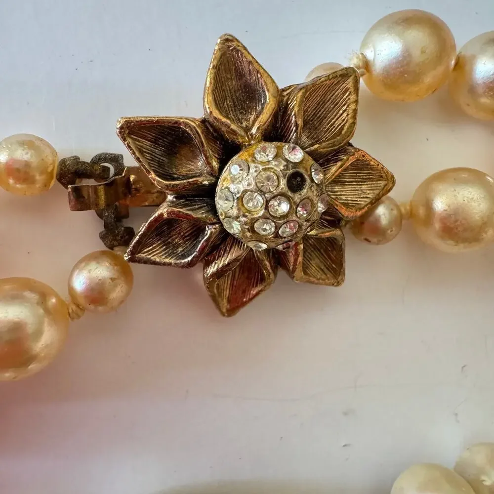 3 Vintage Faux Pearls and Gold Toned Bead Necklace and Two Bracelets 1950’s